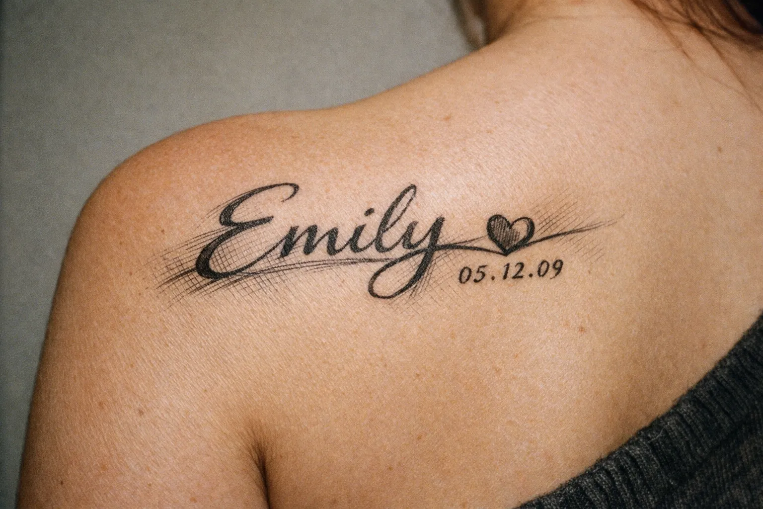 A shoulder tattoo reads 'Emily' with a heart and a date on a person's upper back.