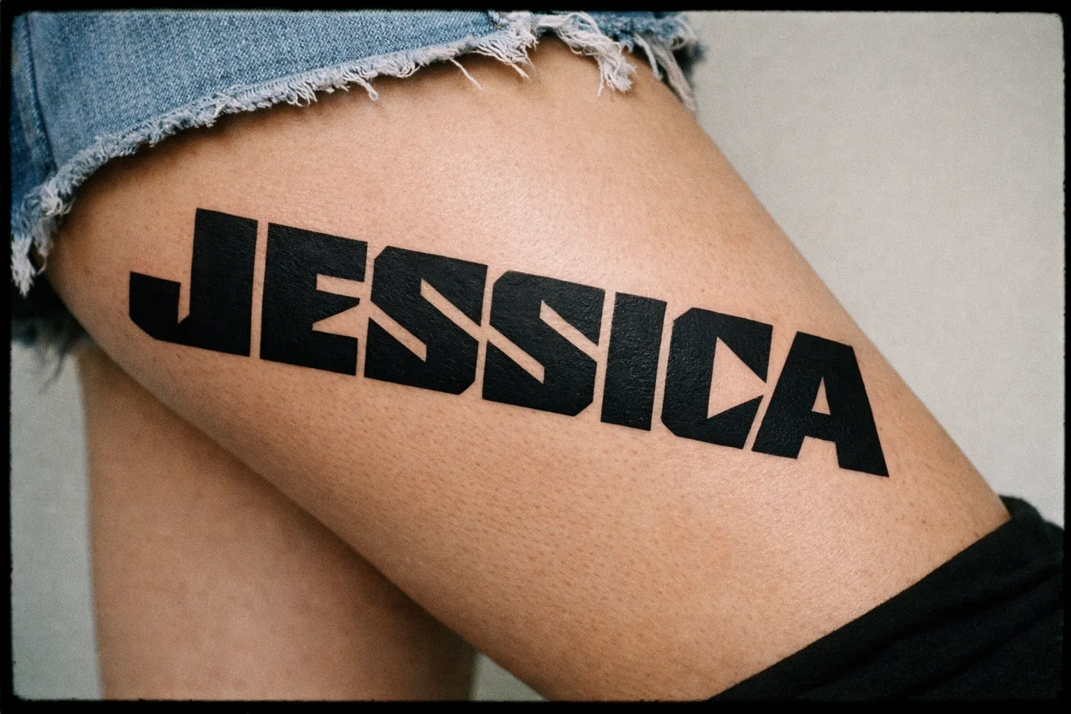 A bold name tattoo reading 'JESSICA' on a person's thigh near denim shorts.