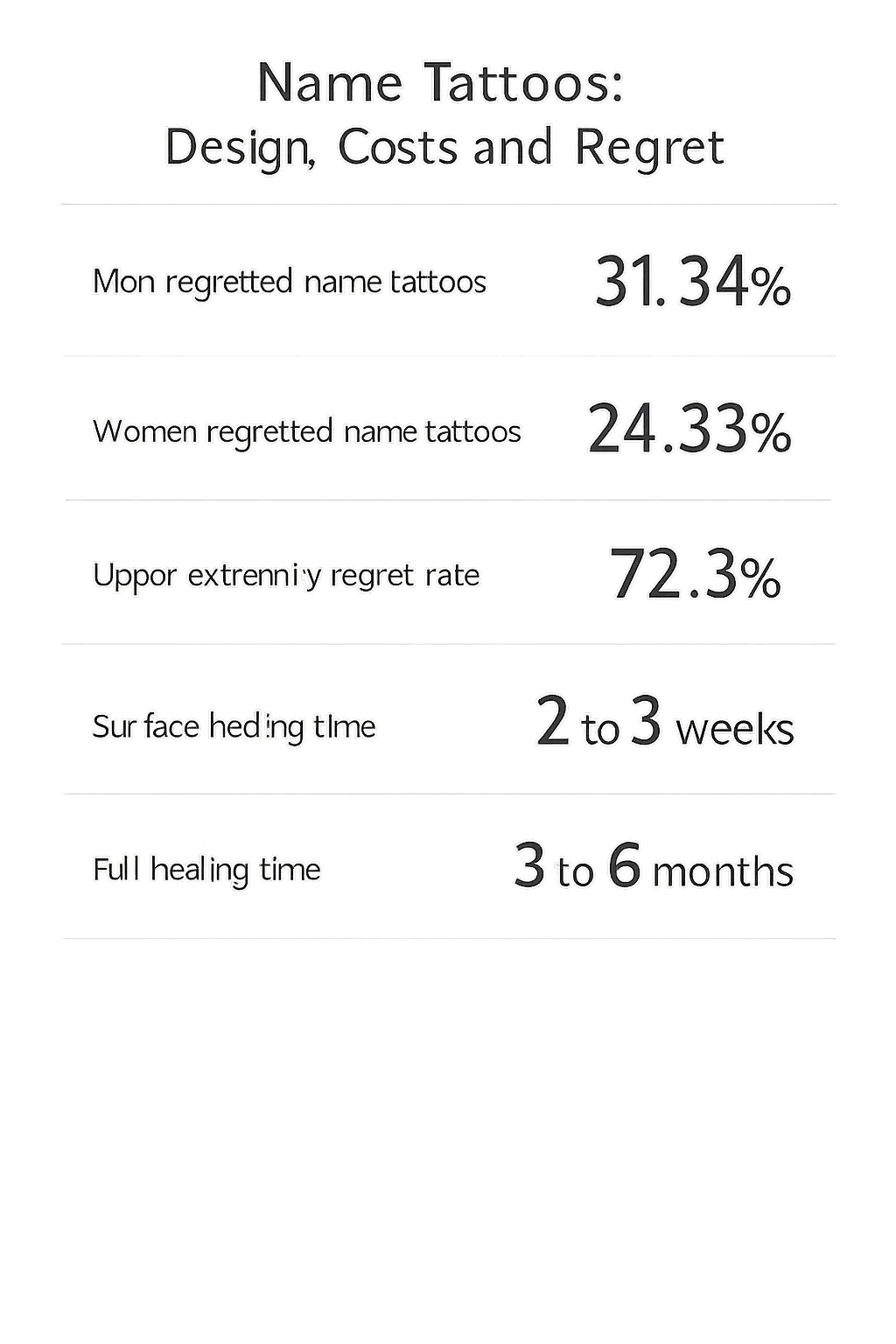 Infographic showing name tattoo regret rates, healing times, and costs.