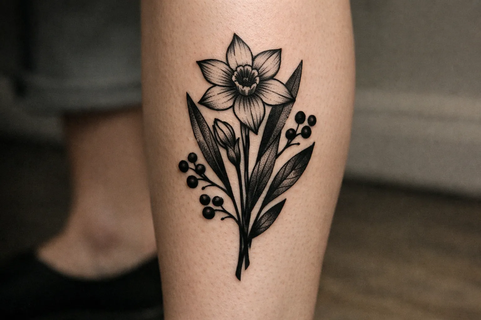 A black narcissus flower tattoo on the back of a person's lower leg.