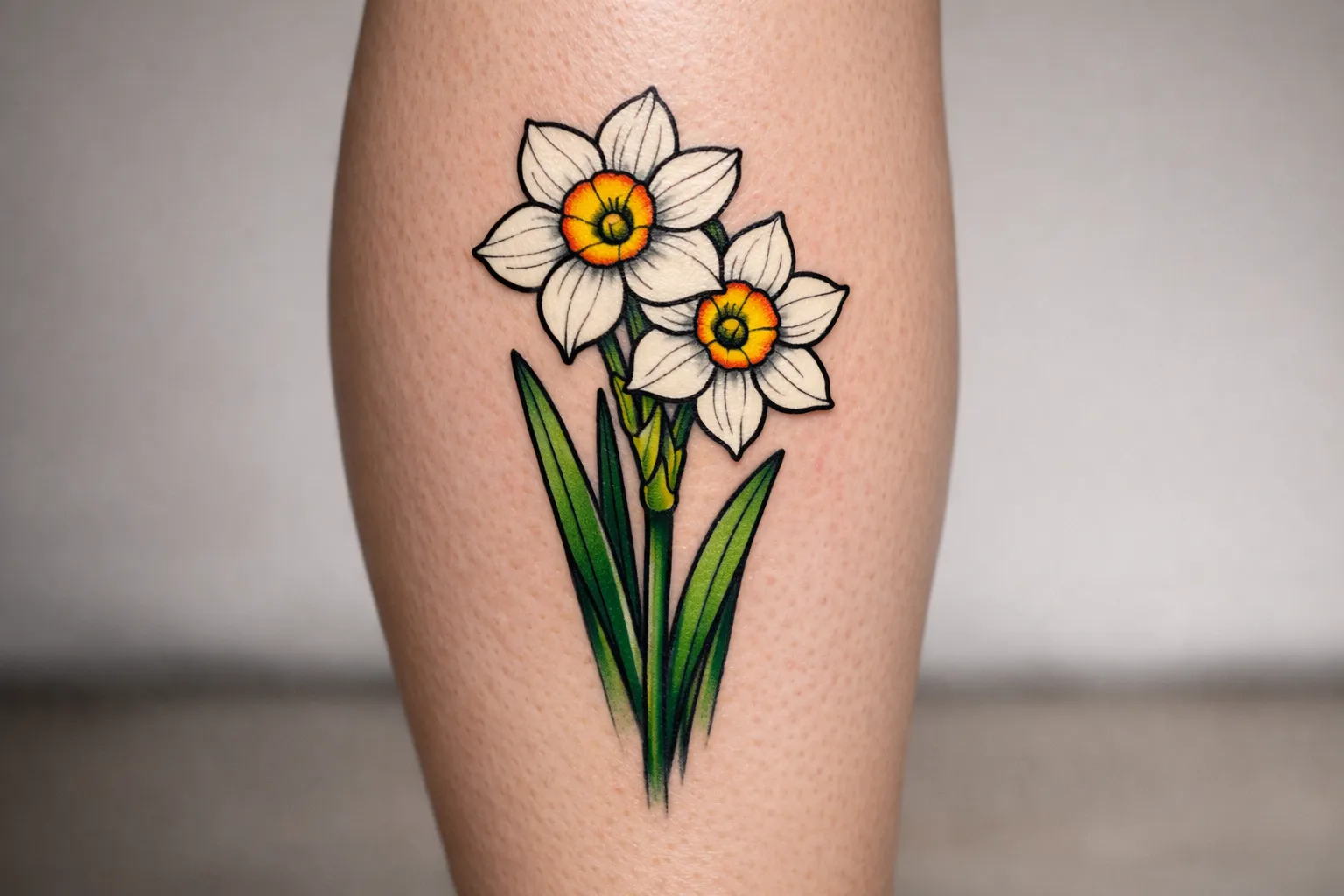 Colorful Narcissus tattoo on calf showing full color palette
