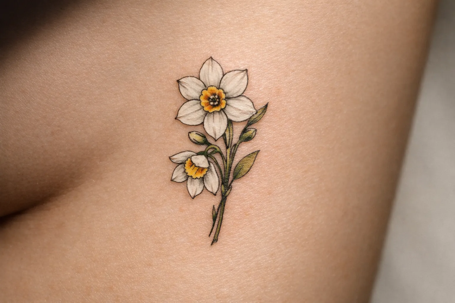 Small Narcissus tattoo on ribcage, close-up of delicate linework