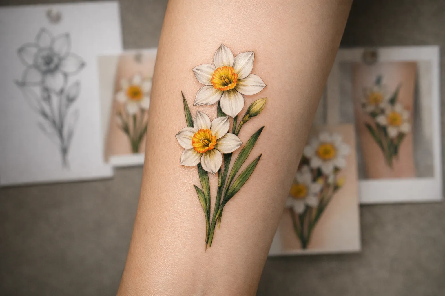 Forearm Narcissus tattoo with a blurred mood board in the background
