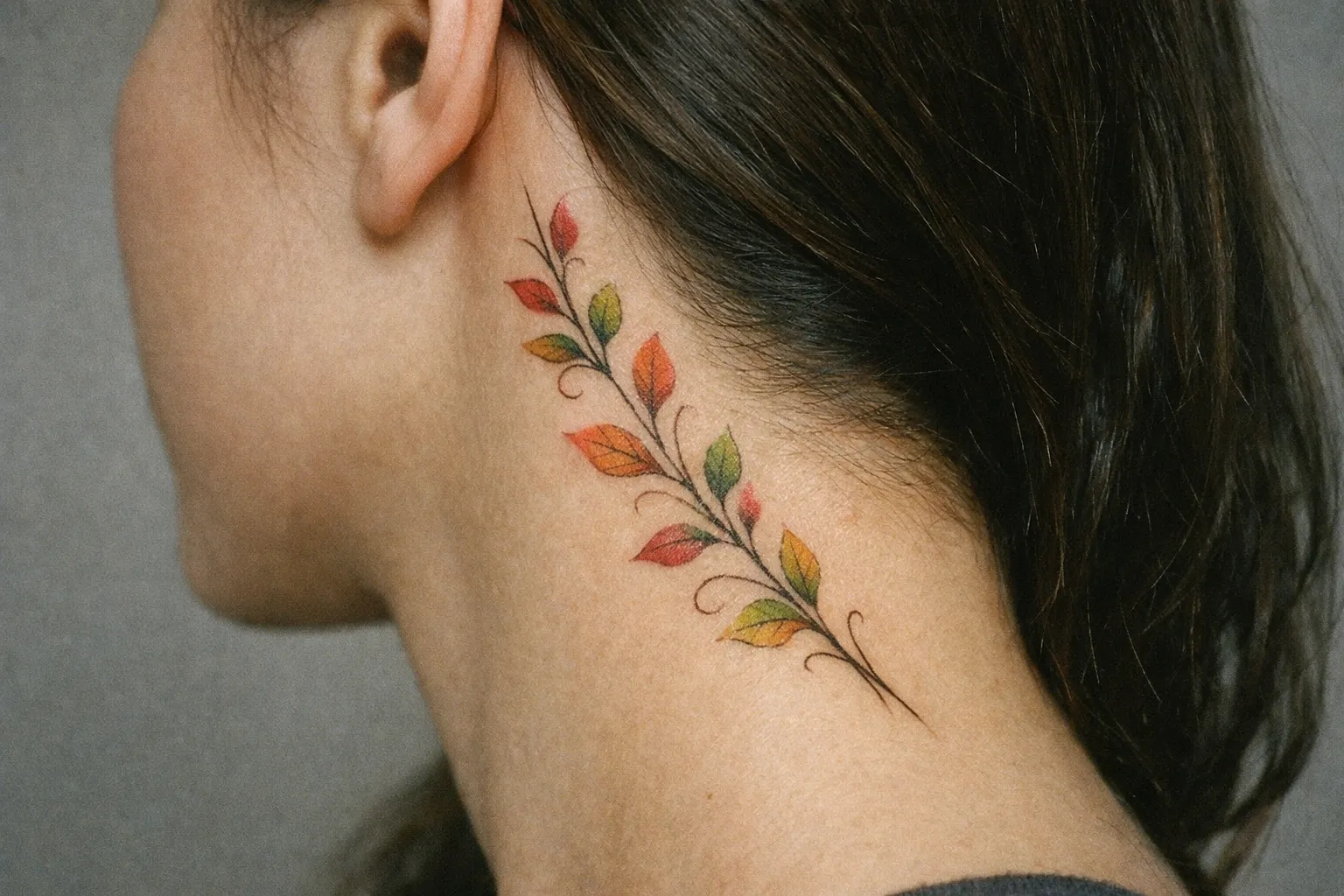 A person with a colorful leafy branch tattoo on the side of their neck.