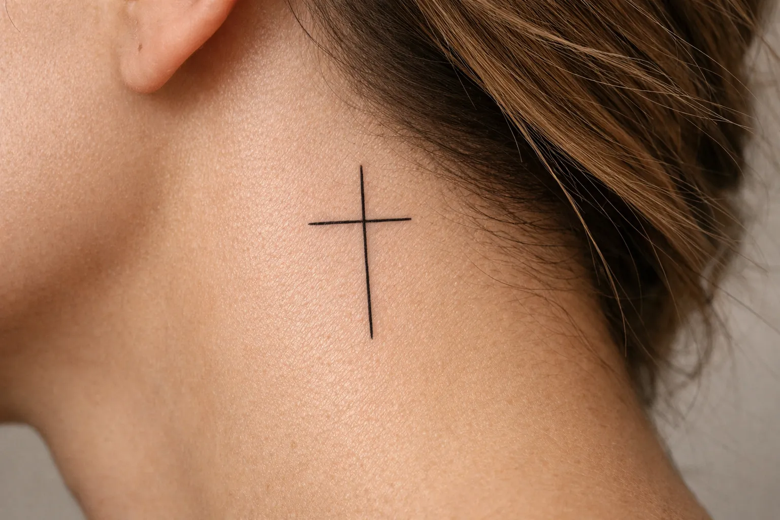A close-up of a person's neck with a simple cross tattoo below the hairline.