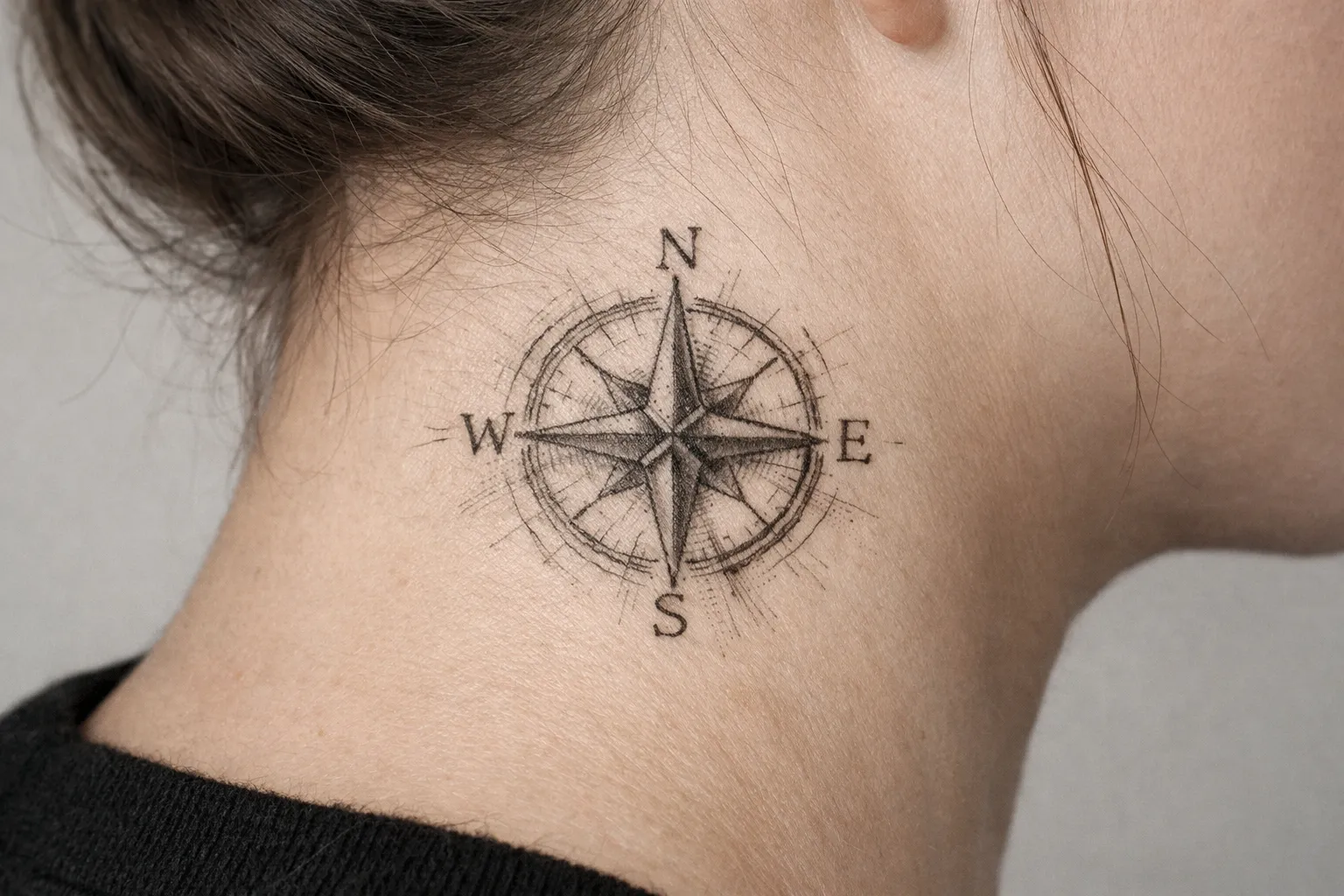 A person with a detailed compass rose tattoo on the side of their neck.