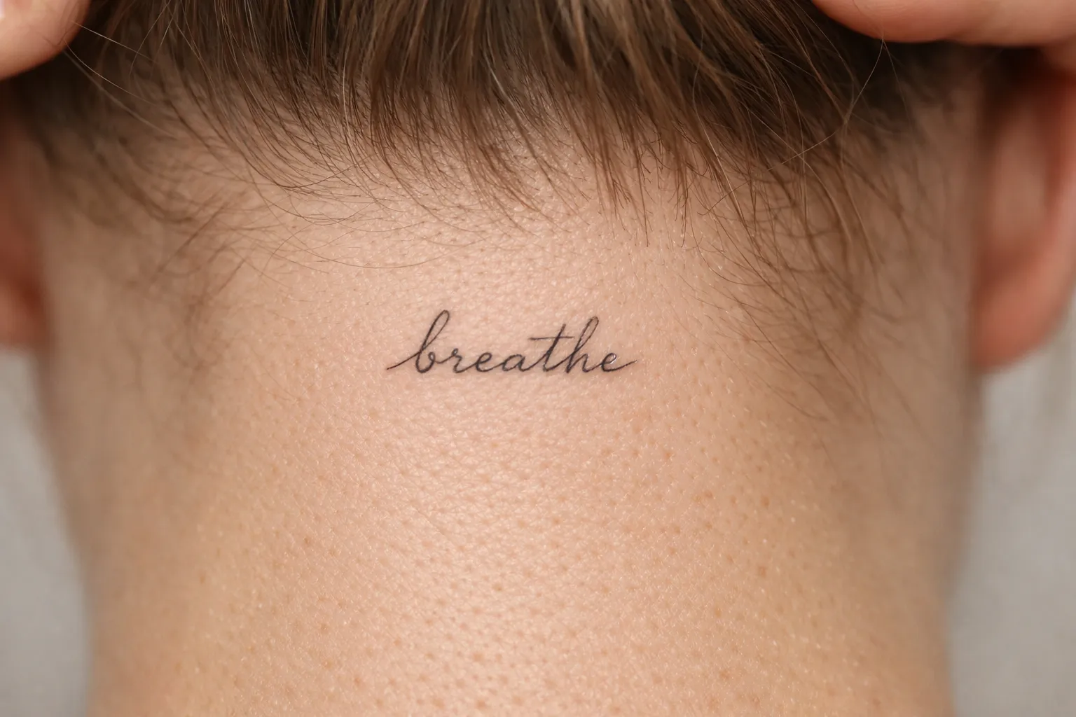 A close-up of the back of a person's neck with the word 'breathe' tattooed in script.
