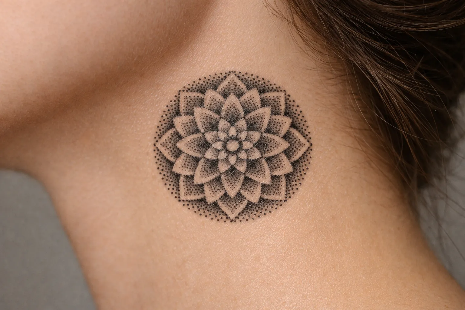 A person with a geometric mandala tattoo on the side of their neck.