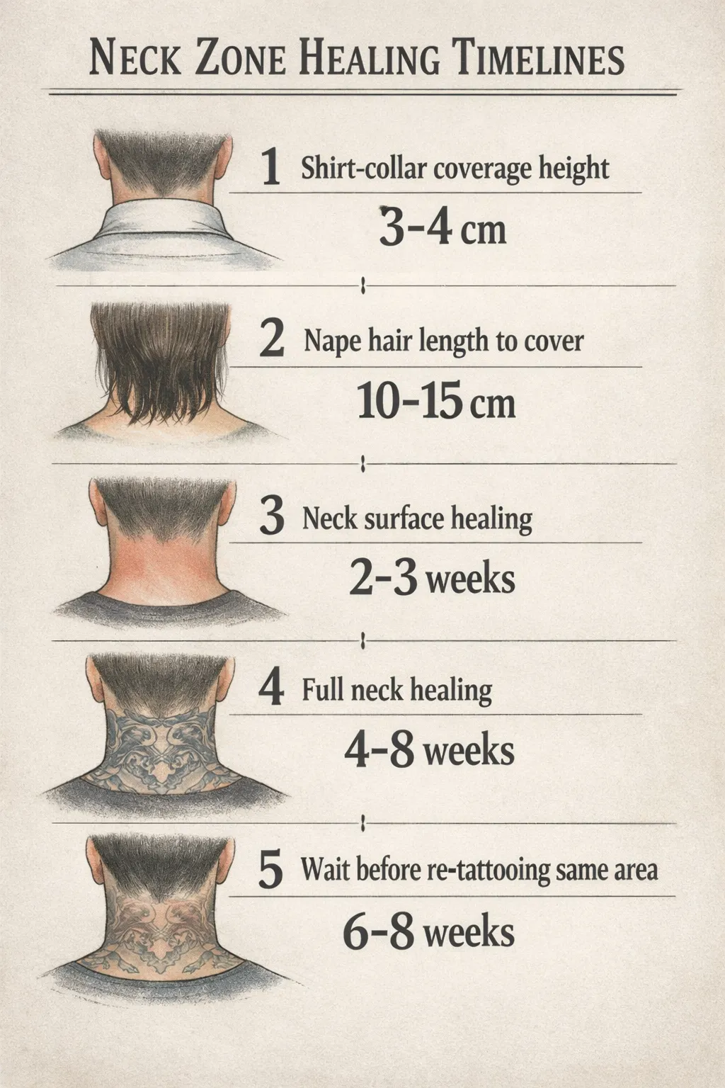 Neck zones with key measurements: shirt-collar coverage 3-4 cm, nape hair length 10-15 cm, neck surface healing 2-3 weeks