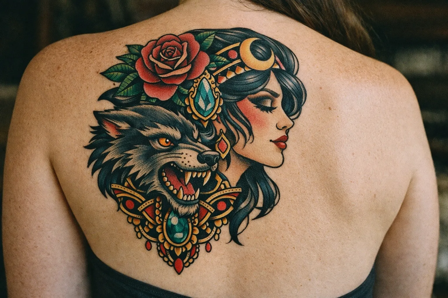 A person with a large neo traditional tattoo of a woman's face, wolf, and rose on their upper back.