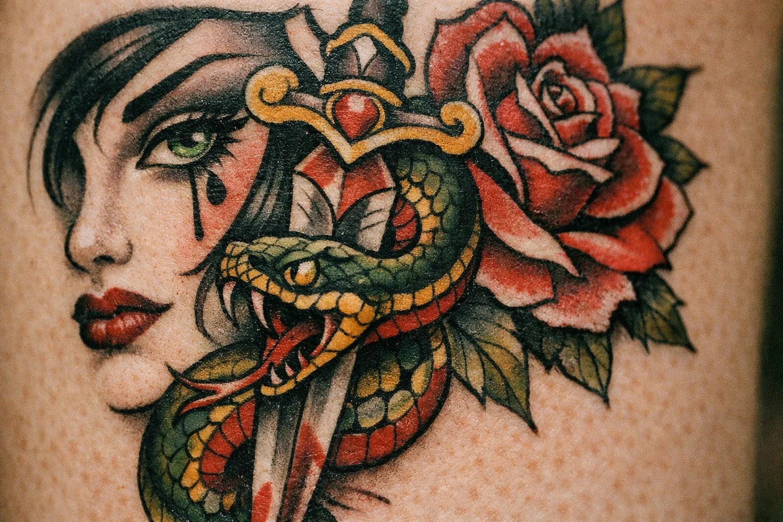 A neo traditional tattoo of a woman's face, snake, dagger, and rose on human skin.