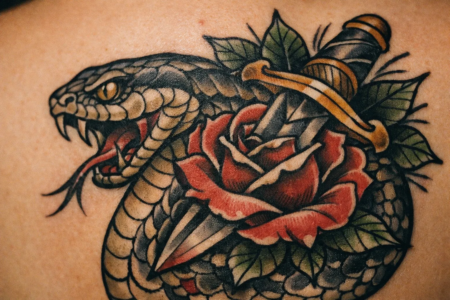 A neo-traditional tattoo of a snake, rose, and dagger on human skin.
