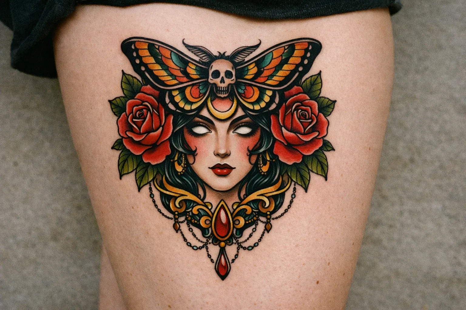 A large neo traditional tattoo of a woman's face with a moth, roses, and jewels on a person's thigh.