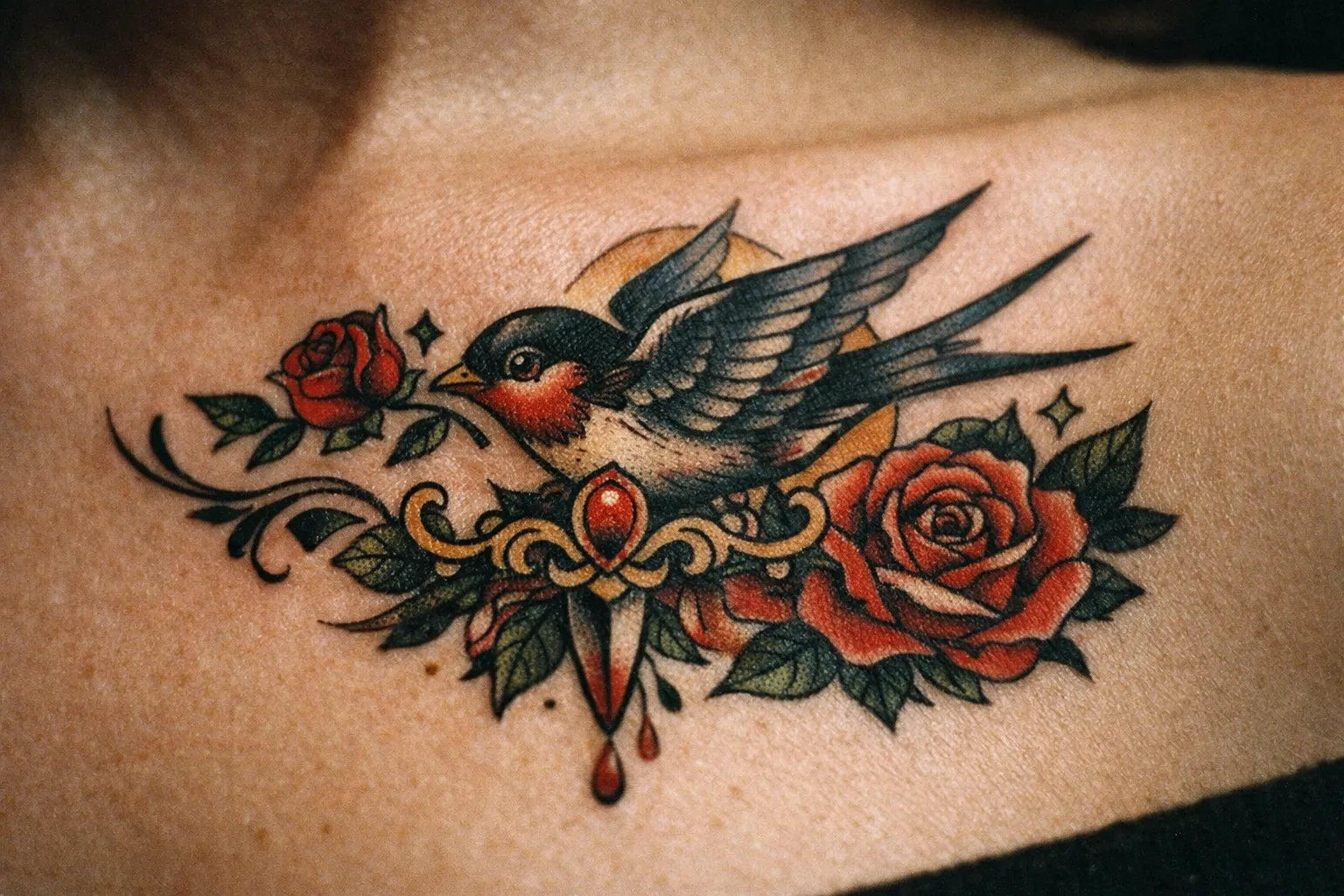 A colorful neo traditional tattoo of a swallow and roses on a person's upper chest.