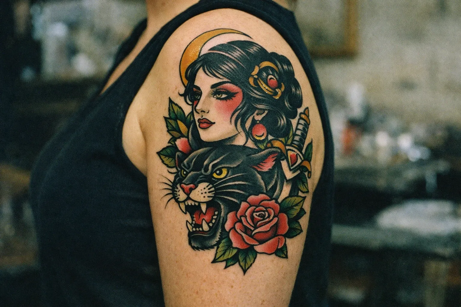 A person with a large neo traditional tattoo of a woman, panther, and roses on their upper arm.