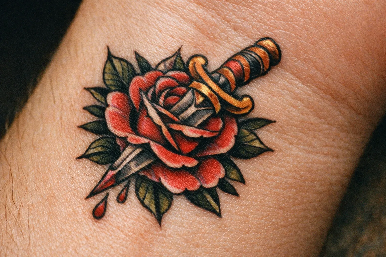 A neo traditional tattoo of a dagger through a rose on human skin.