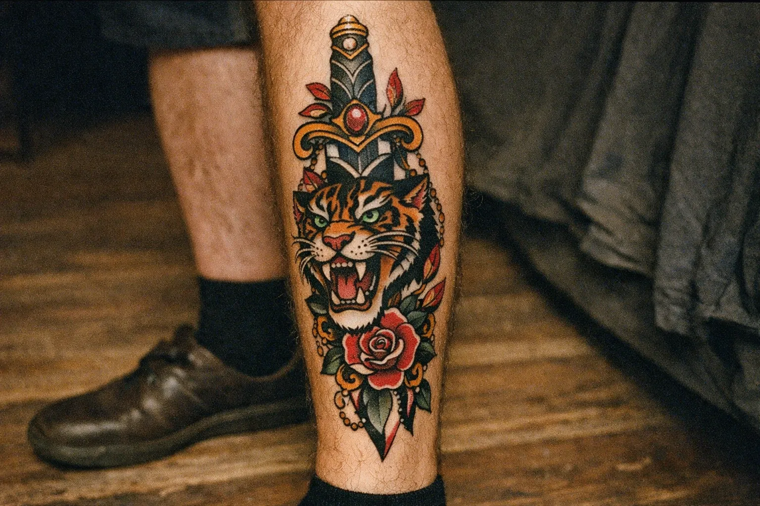 A person with a colorful neo traditional tattoo of a dagger, tiger, and rose on their lower leg in an indoor setting.