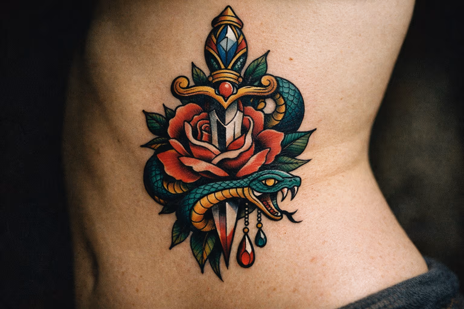 A vibrant neo traditional tattoo of a dagger, rose, and snake on a person's ribcage.