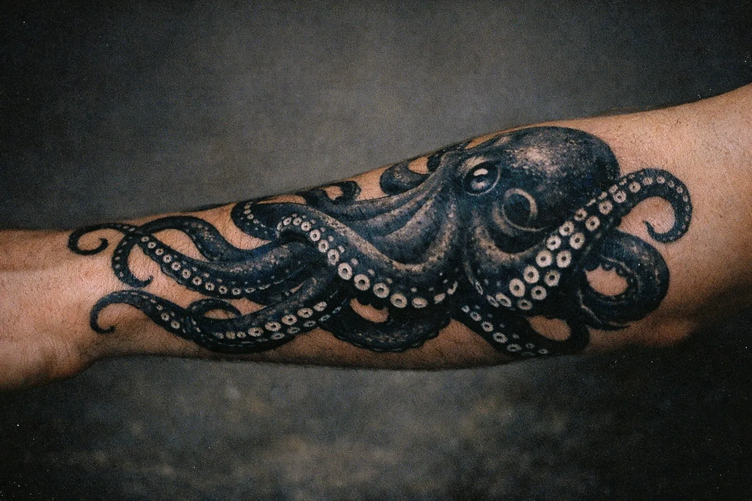 Close-up of a healed octopus tattoo on forearm, black linework with subtle shading representing symbolism