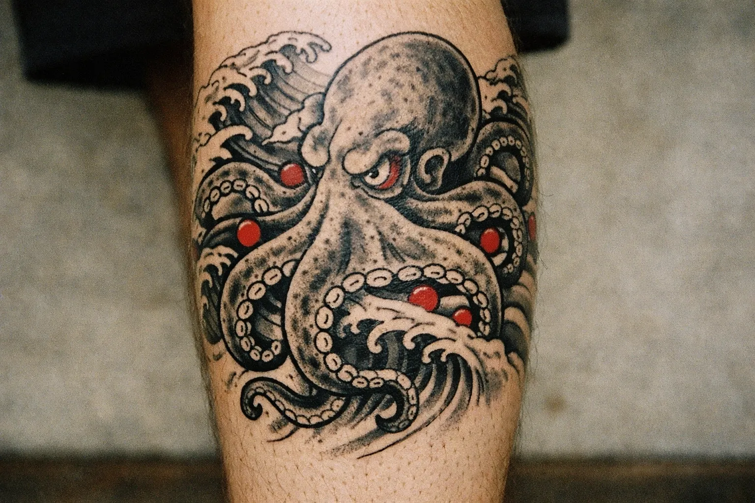 Japanese-style octopus tattoo on calf with wave background