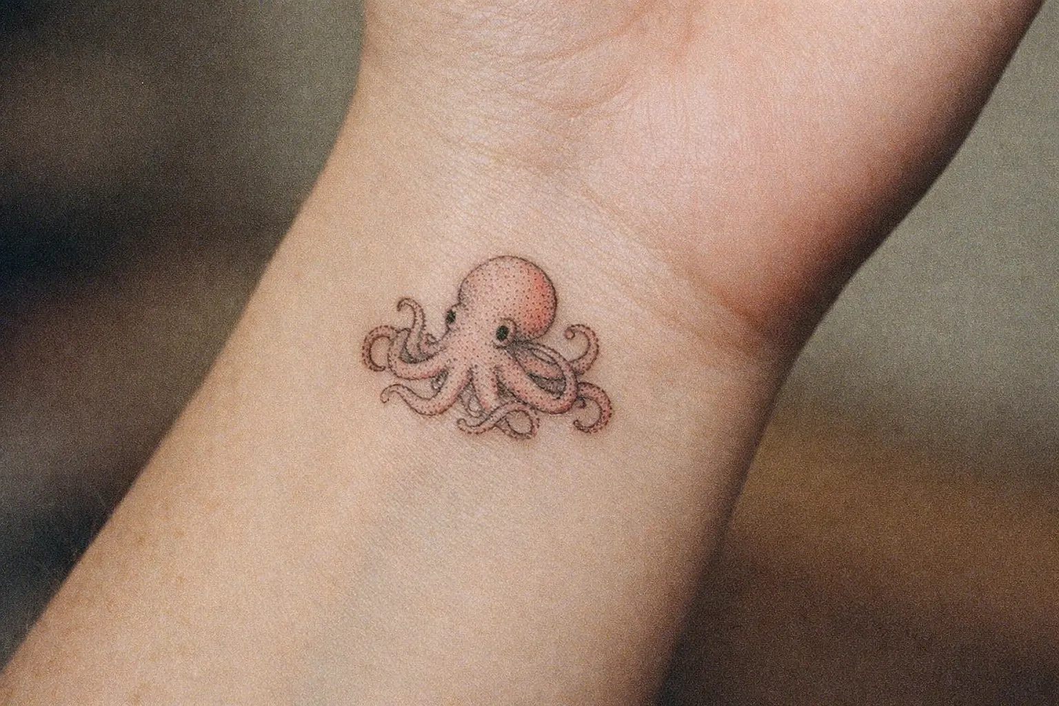 Tiny octopus tattoo on wrist, micro linework and subtle shading