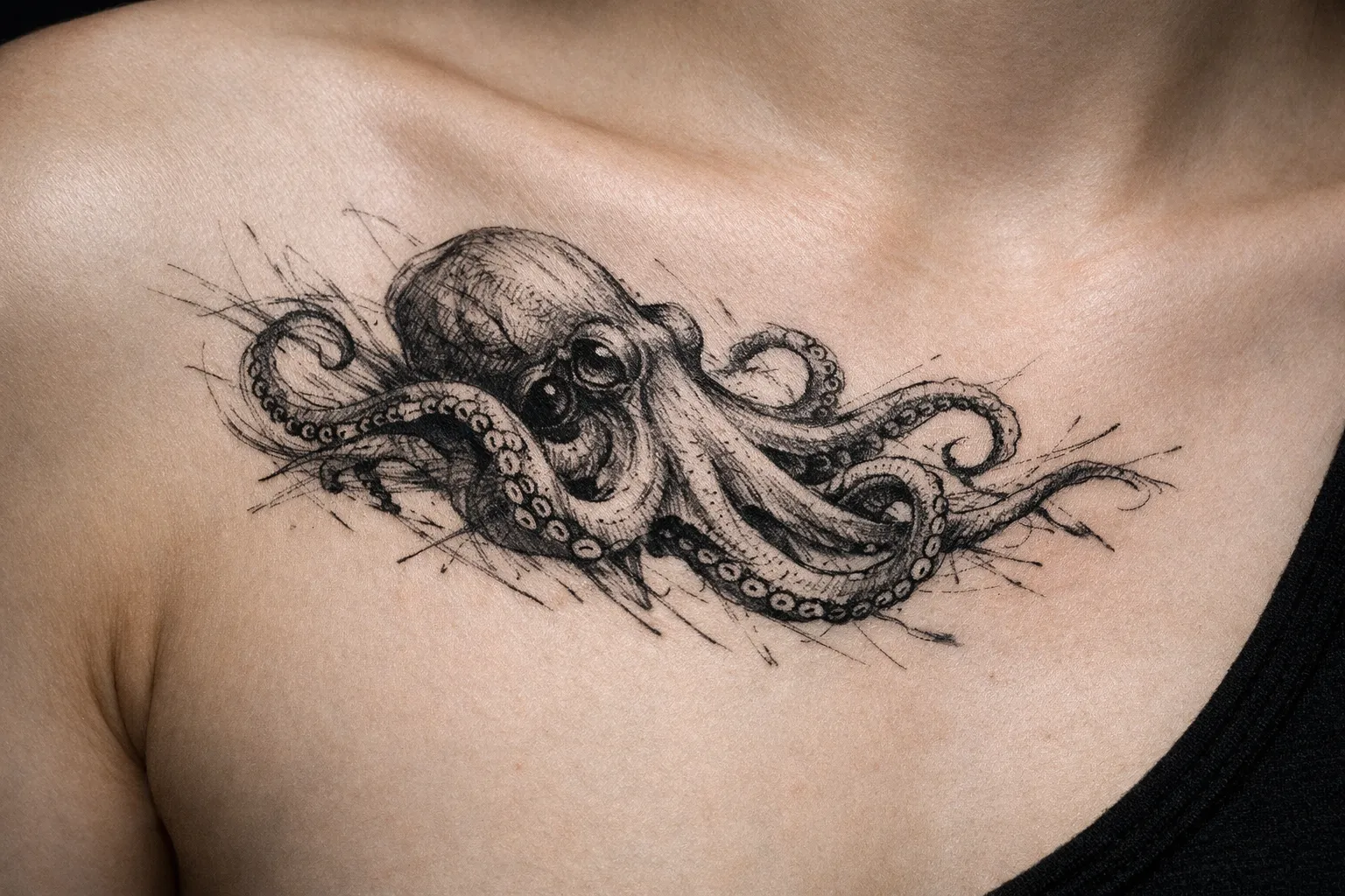 An octopus tattoo is inked on a person's upper chest near the collarbone.