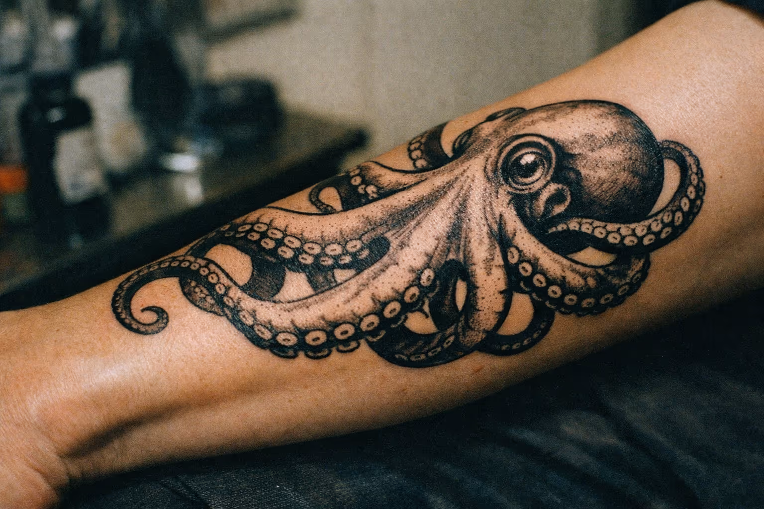Editorial close-up of an octopus tattoo on forearm, bold linework with subtle shading