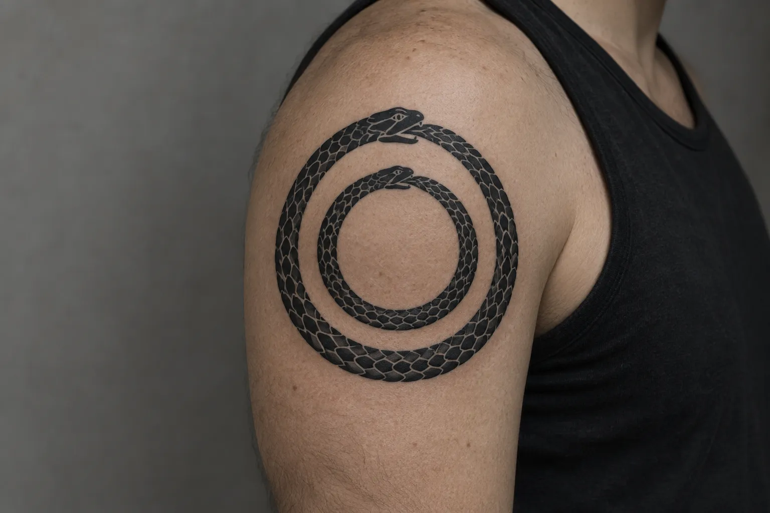 Two nested ouroboros snake rings in blackwork on a person's upper arm, a double ouroboros design.