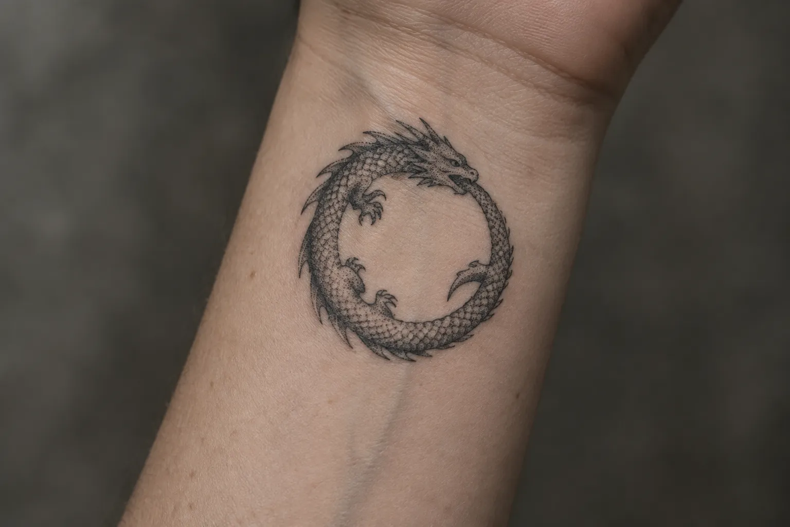 A dotwork dragon ouroboros tattoo on the inner forearm, just below the wrist.