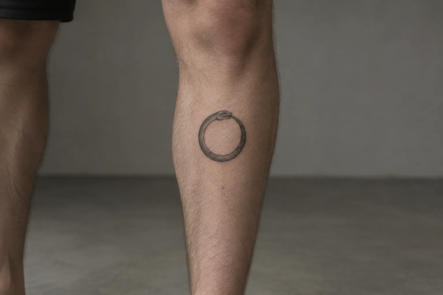 A small black-and-gray ouroboros snake ring tattooed on a person's shin.