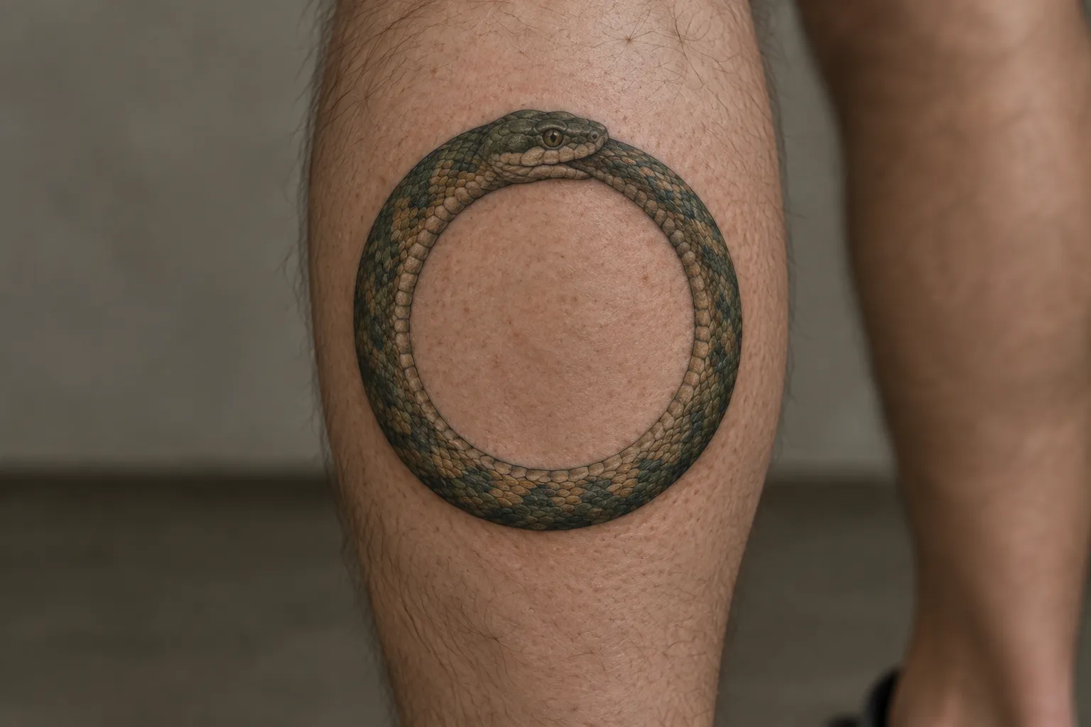 A color-realism ouroboros snake tattoo circling a person's calf.