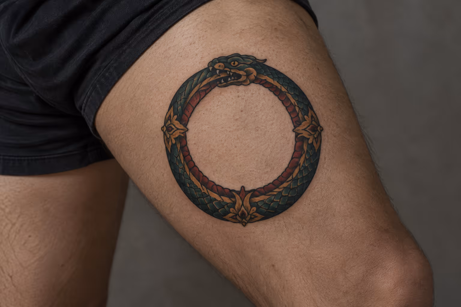 A circular ouroboros serpent tattoo on a person's thigh.