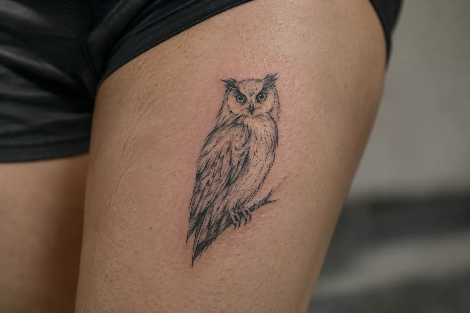 An owl tattoo sits on a person's upper thigh.