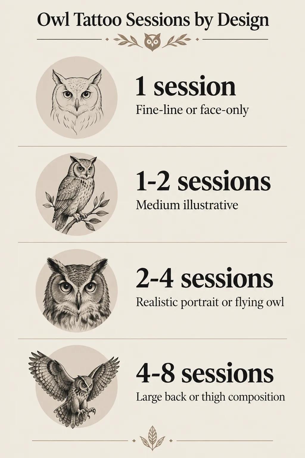 One studio's guide estimates 1 session for fine-line or face-only owls, 1-2 sessions for medium illustrative designs
