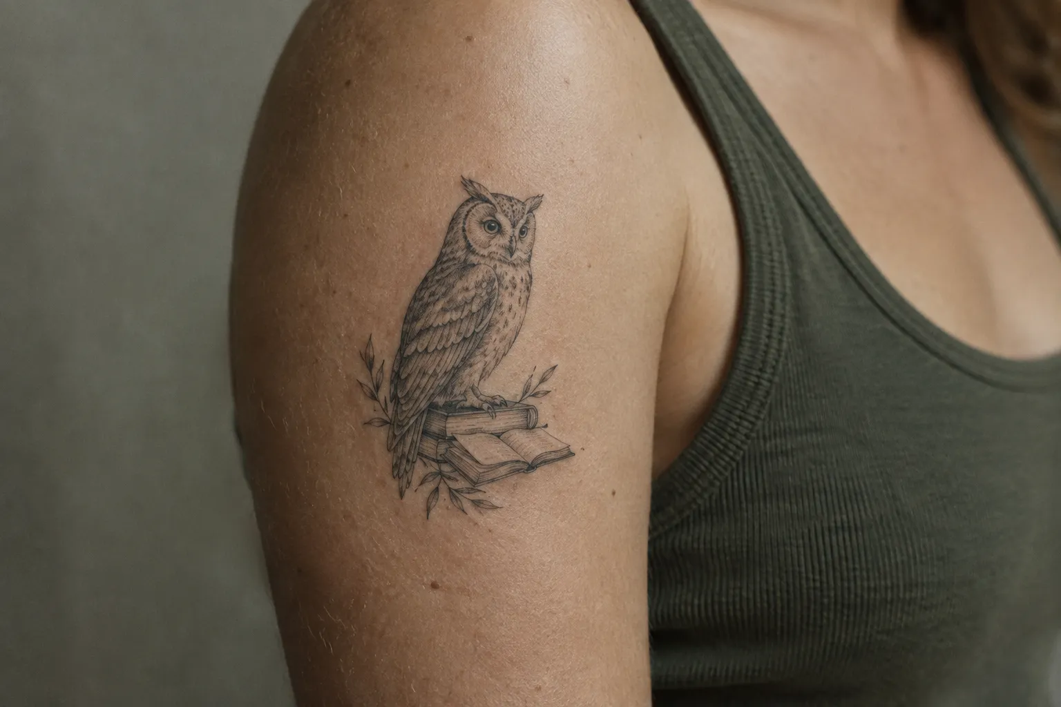 An owl perched on books is tattooed on a person's upper arm beside a dark sleeveless top.