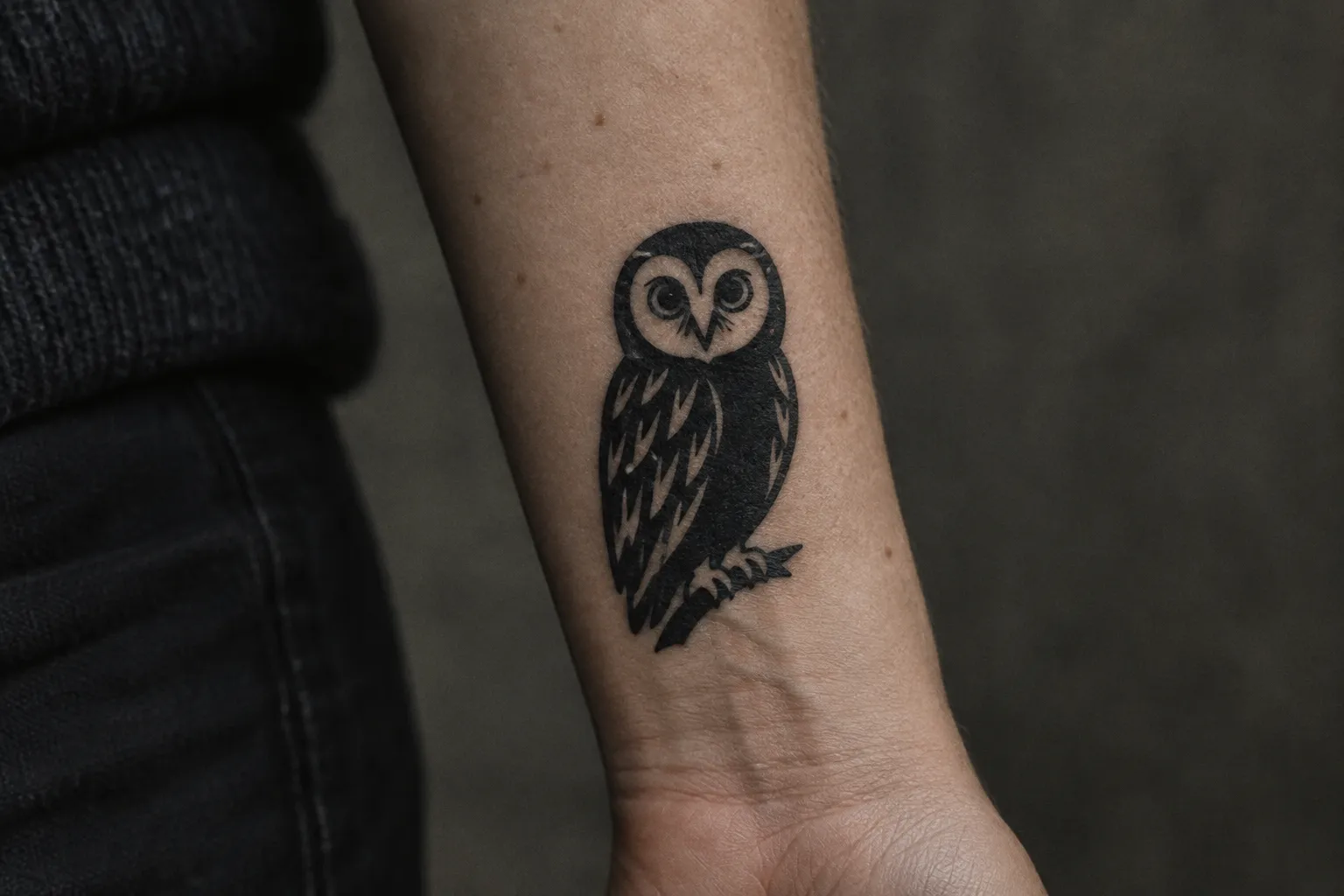 A black owl tattoo sits on a person's forearm against a dark background.