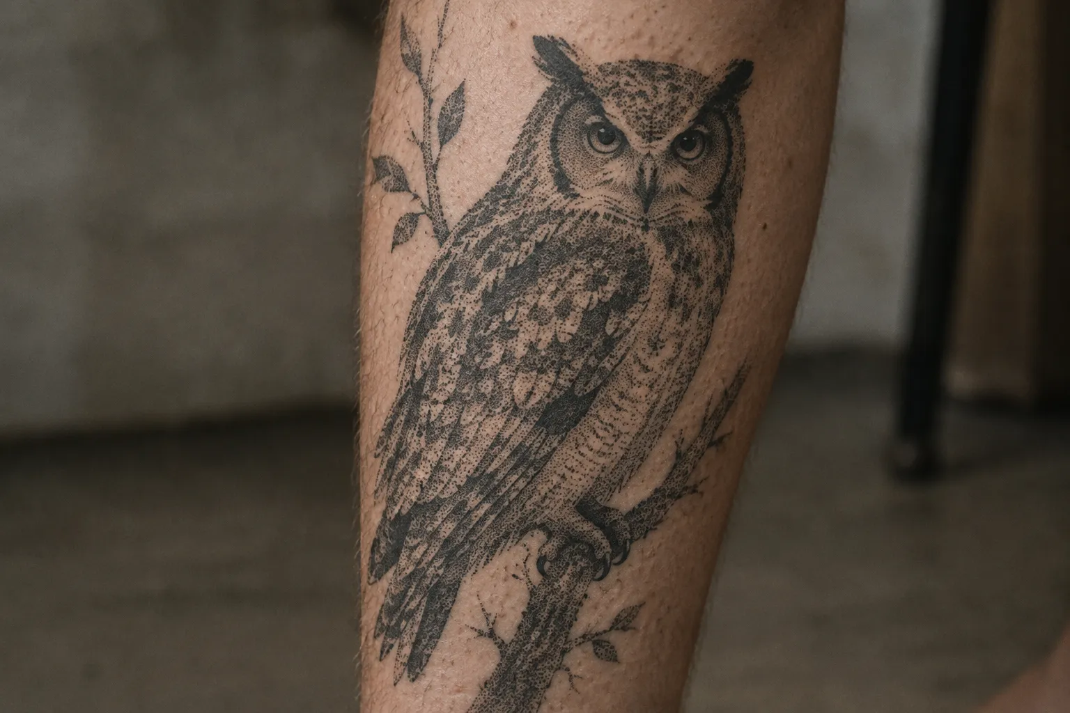 A dotwork owl perched on a branch is tattooed along a person's shin.