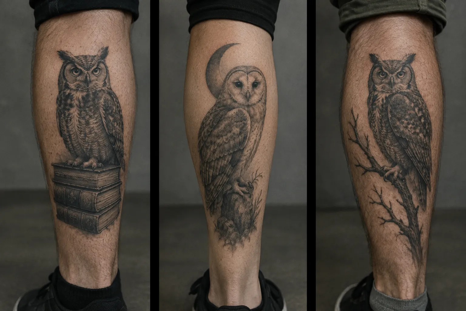 Three owl tattoos on calves, paired with stacked books, a crescent moon and a bare branch.