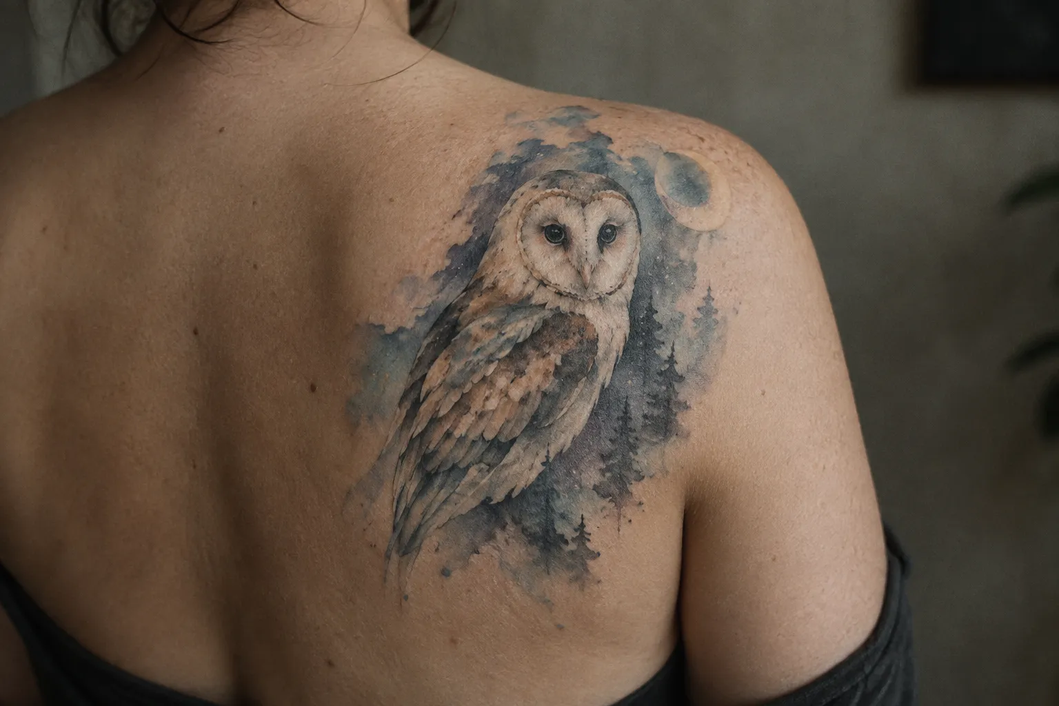 A person with a large owl tattoo across the shoulder and upper back.