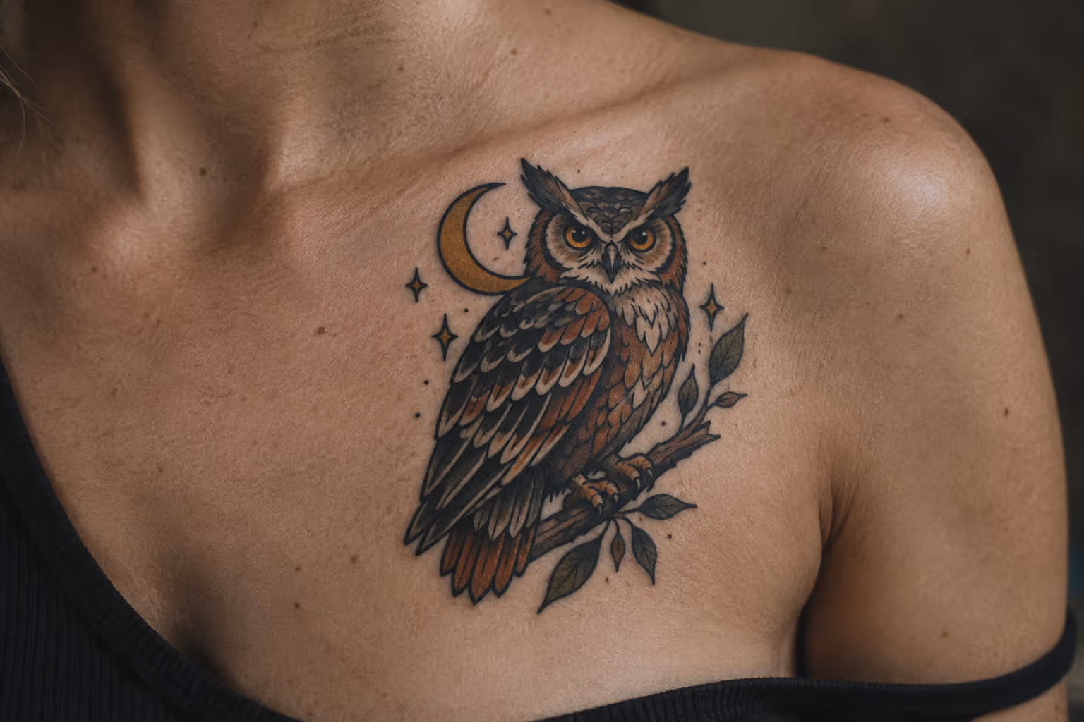 An owl tattoo with a crescent moon and stars sits just below a person's collarbone.
