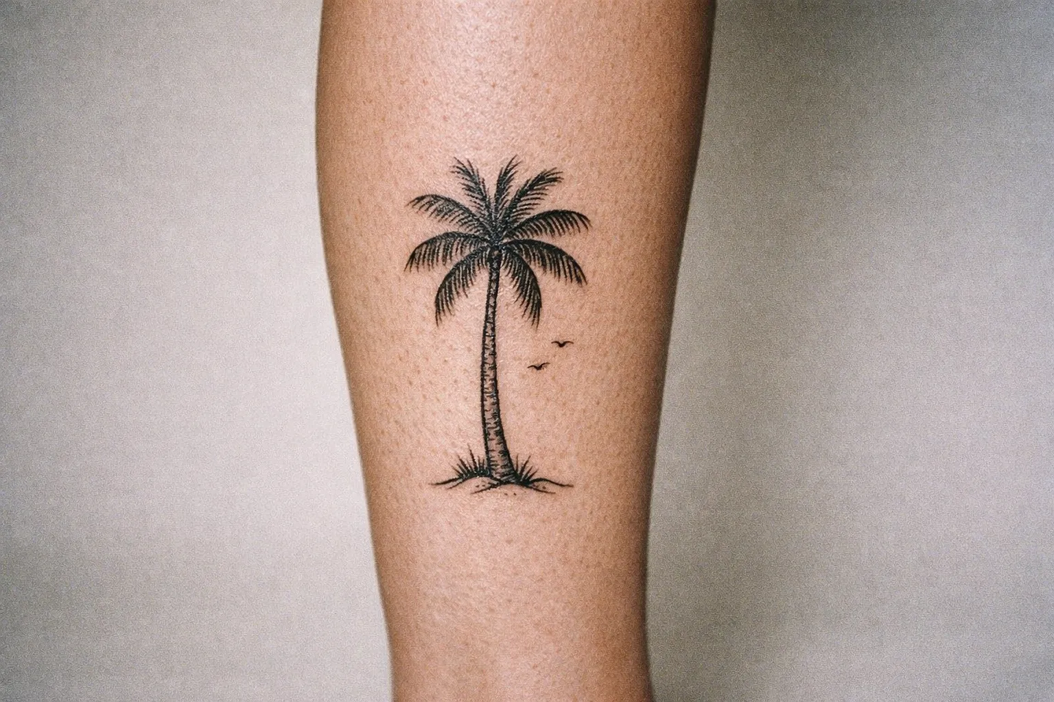 Calf tattoo of a palm tree along the lower leg with bold lines and subtle shading