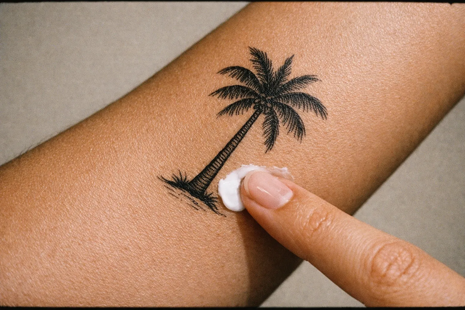 Forearm palm tree tattoo being gently touched by a clean fingertip applying moisturizer