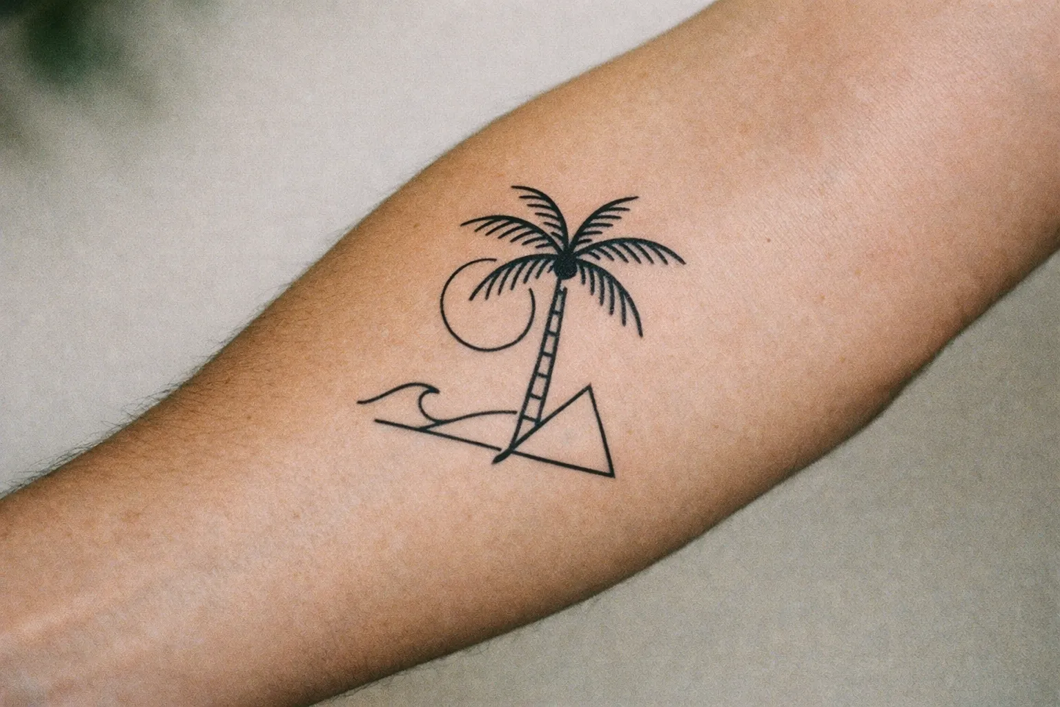 Forearm showing a minimalist geometric palm tree tattoo design