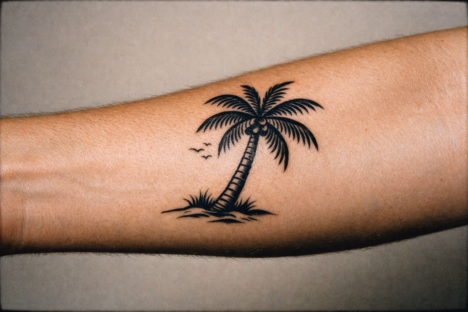 Editorial close-up of a forearm displaying a palm tree tattoo with crisp black linework and subtle shading
