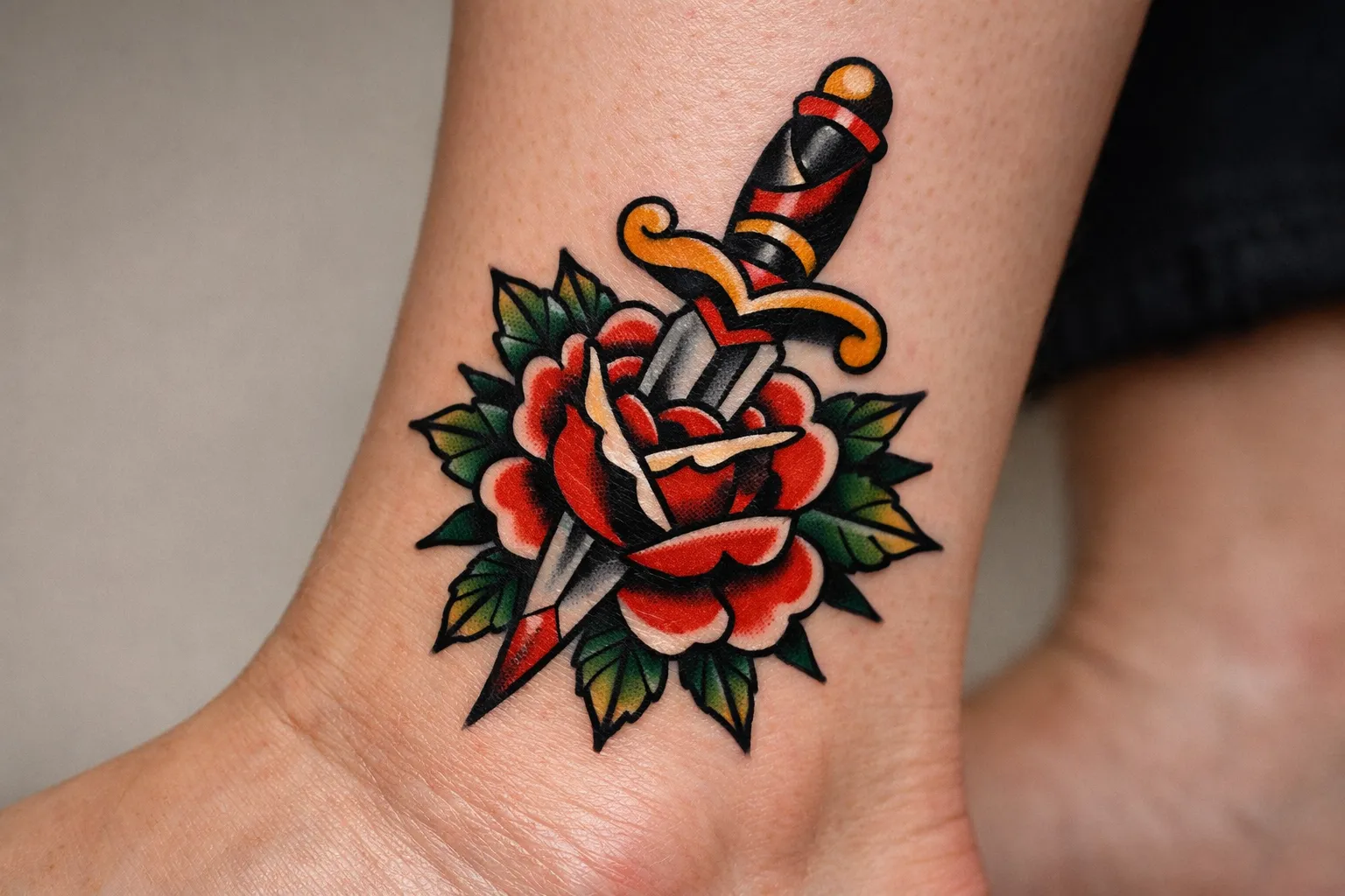 An American traditional rose and dagger tattoo on the outer ankle.