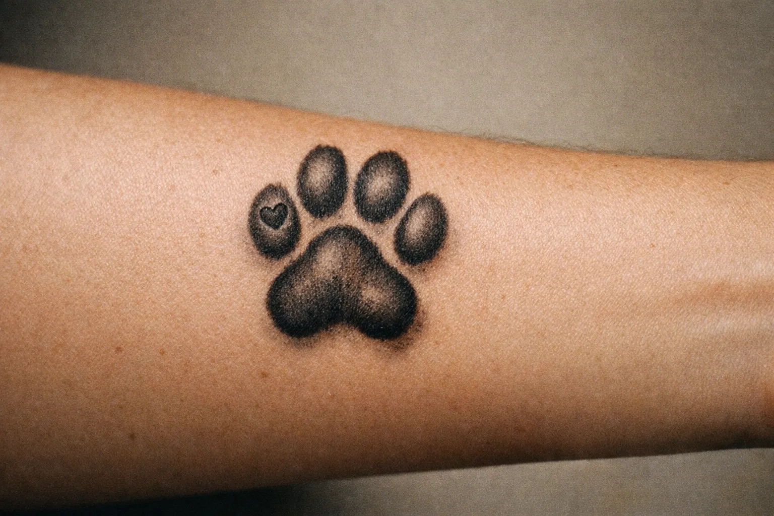 Forearm close-up of a healed dog paw print tattoo with subtle shading and a small heart in one toe pad.
