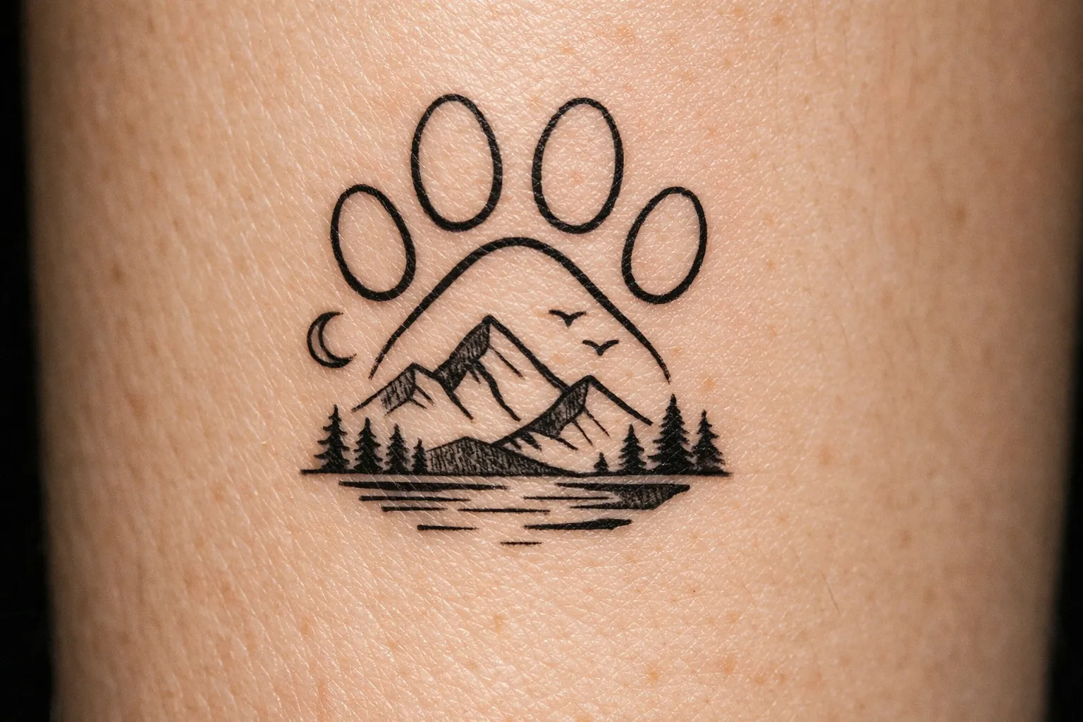 A tattoo of a paw print with a mountain, trees and birds scene on skin.