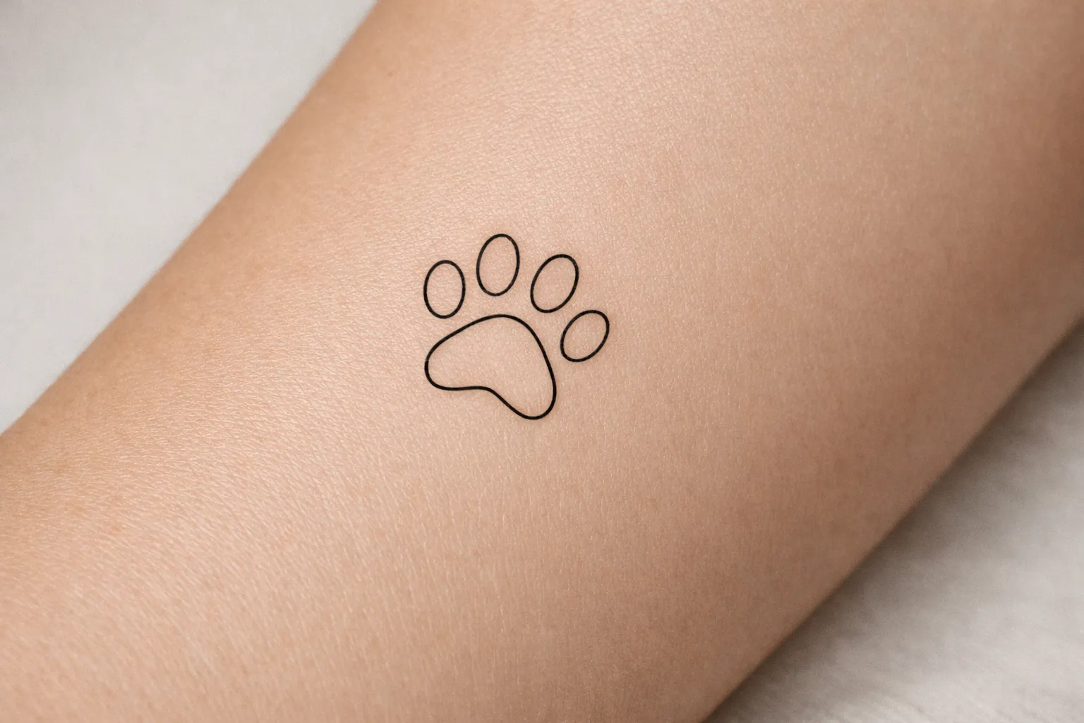 Minimalist single-line paw print tattoo on forearm, small and clean with no shading.