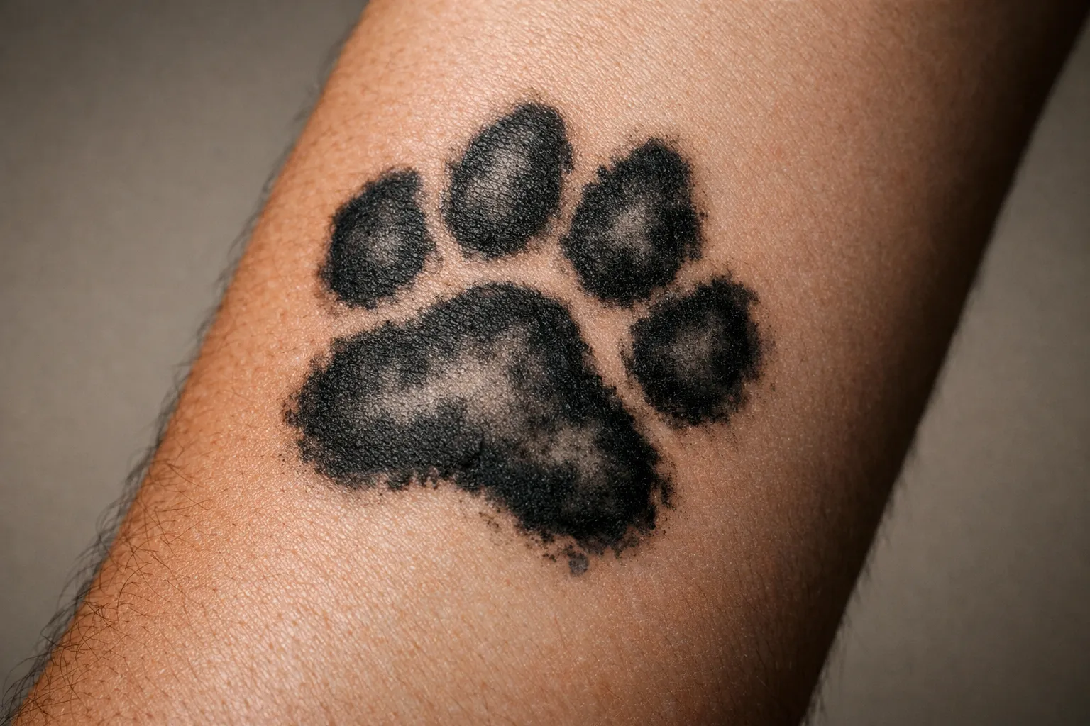 Forearm featuring a paw print tattoo with overly thick lines and shading that appears blurred, illustrating a common mistake.