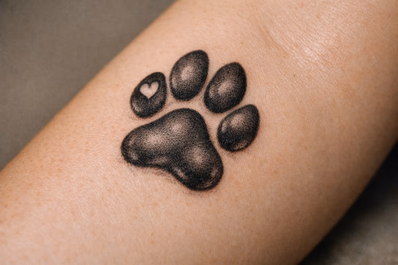 Editorial close-up of a healed paw print tattoo on forearm, with subtle shading and a tiny heart detail in one toe pad.